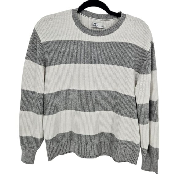 Hollister womens size small oversized white gray stripe long sleeve sweater - Picture 1 of 7